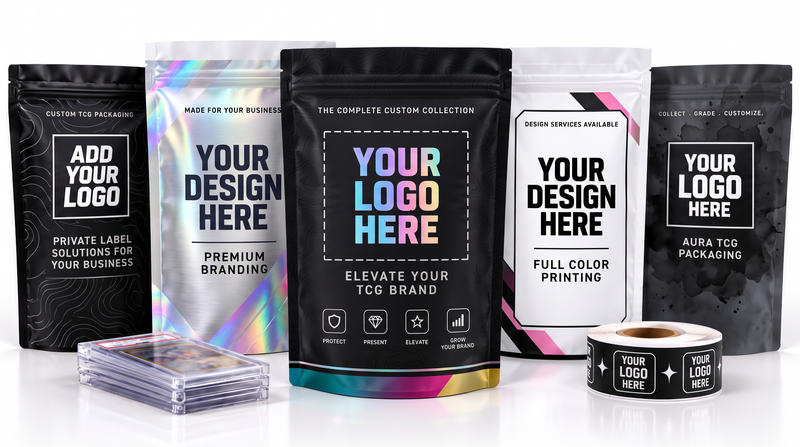 Custom TCG packaging bags in black, white and holographic finishes beside graded card holders and a roll of logo labels.