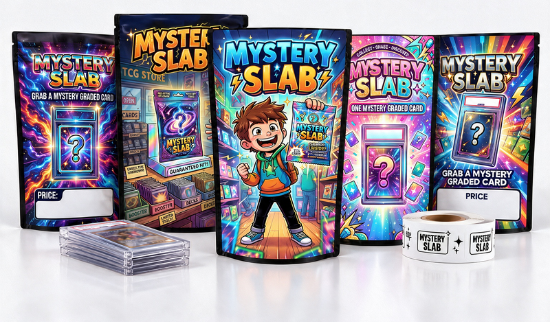POP 1 Prints mystery slab bag designs beside graded card holders and a roll of printed labels.