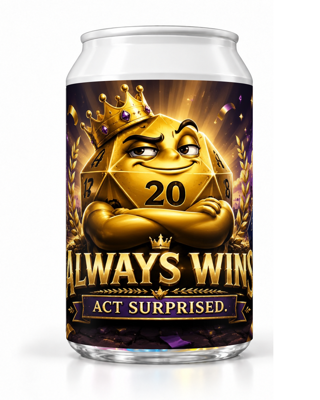 Always Wins dice soda container with a crowned gold die character and glittering gold background.