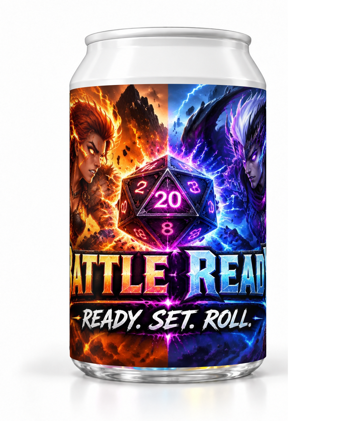 Battle Ready dice soda container with a purple twenty-sided die between orange fire and blue lightning.