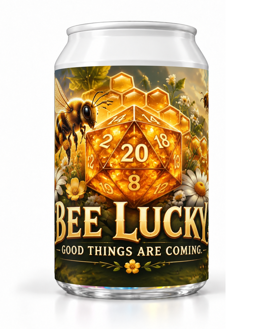 Bee Lucky dice soda container with bees, honeycomb and a golden twenty-sided die.