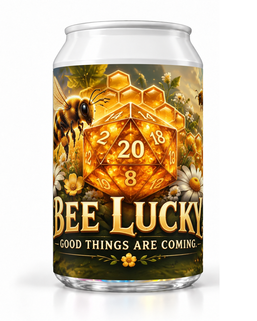 Bee Lucky dice soda container with bees, honeycomb and a golden twenty-sided die.