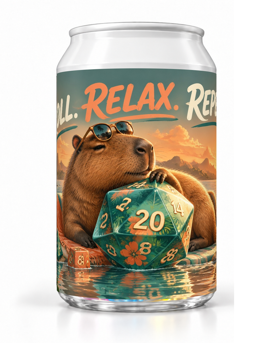Roll Relax Repeat dice soda container with a capybara, teal twenty-sided die and sunset artwork.