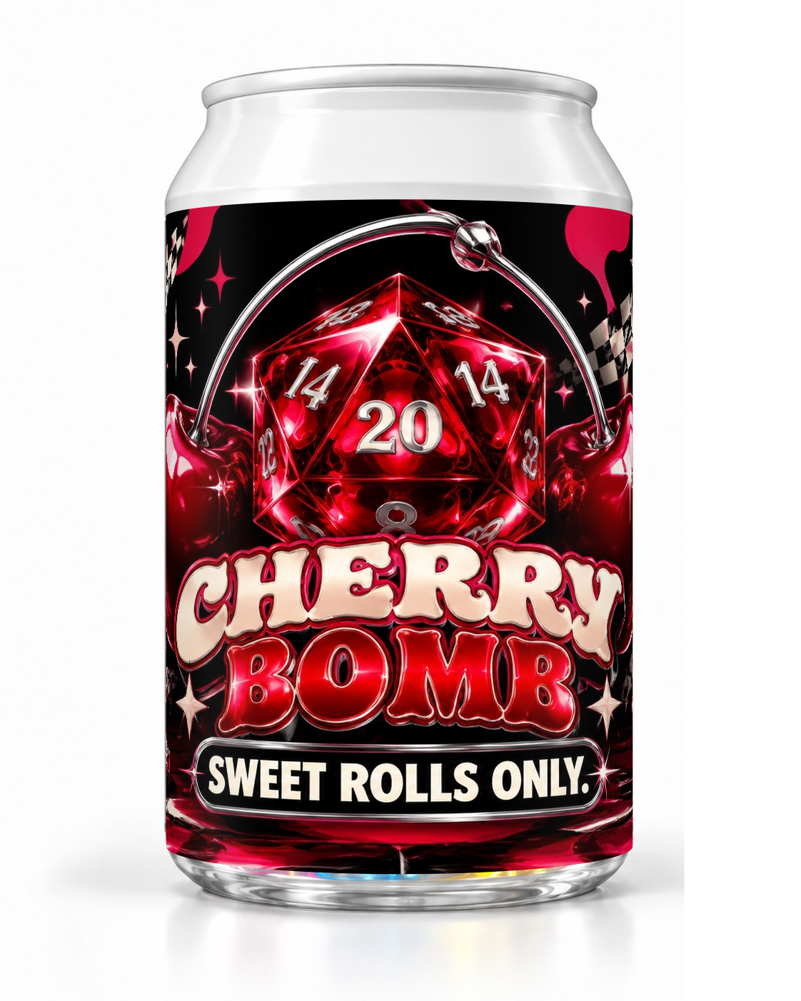 Cherry Bomb dice soda container with red cherries, a twenty-sided die and black-and-red artwork.