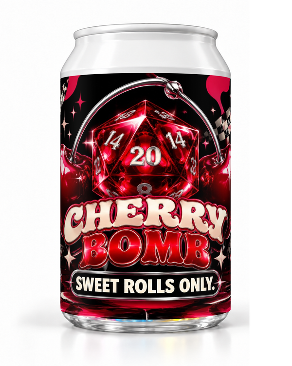 Cherry Bomb dice soda container with red cherries, a twenty-sided die and black-and-red artwork.