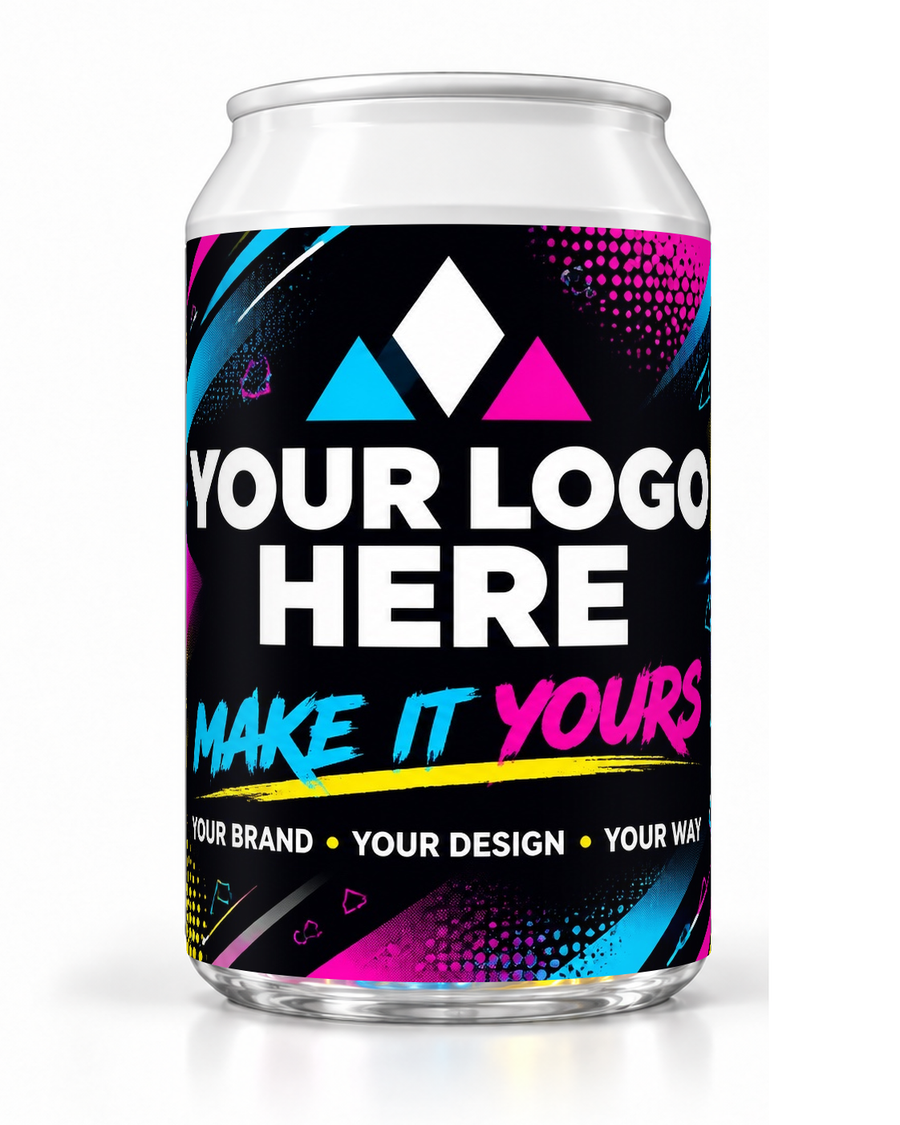 Custom dice soda container mock-up with a silver cap, black label, colourful accents and Your Logo Here branding.