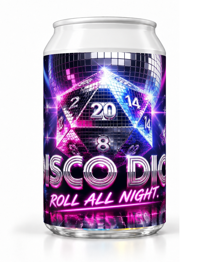 Disco Dice soda container with a twenty-sided die, disco ball and purple, pink and blue lights.