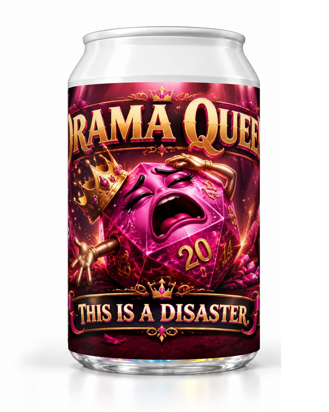 Drama Queen dice soda container with a screaming pink die character against ornate burgundy artwork.