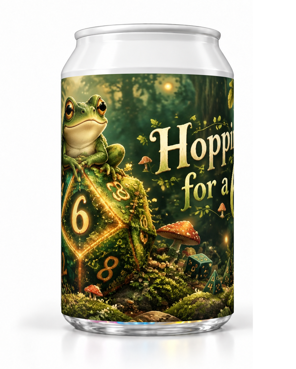 Hopping for a 6 dice soda container with a green frog, oversized dice and woodland artwork.