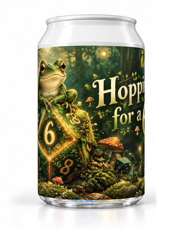 Hopping for a 6 dice soda container with a green frog, oversized dice and woodland artwork.