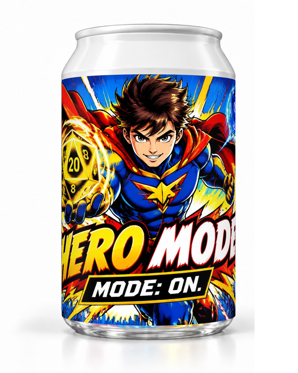 Hero Mode dice soda container with a comic-style hero, yellow twenty-sided die and red-and-blue artwork.