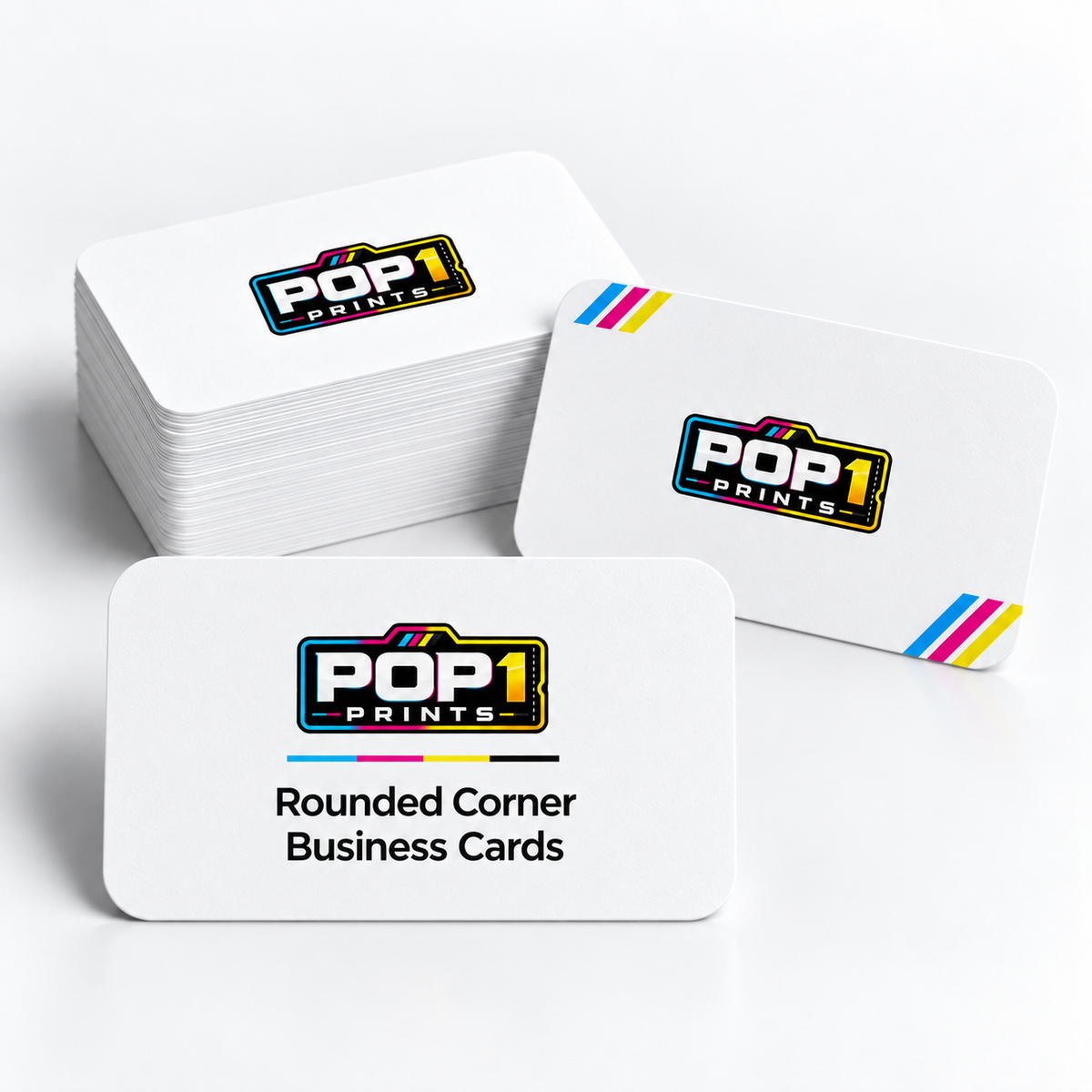 White rounded-corner business cards with POP 1 Prints logos and colourful corner stripes, displayed beside a stack.