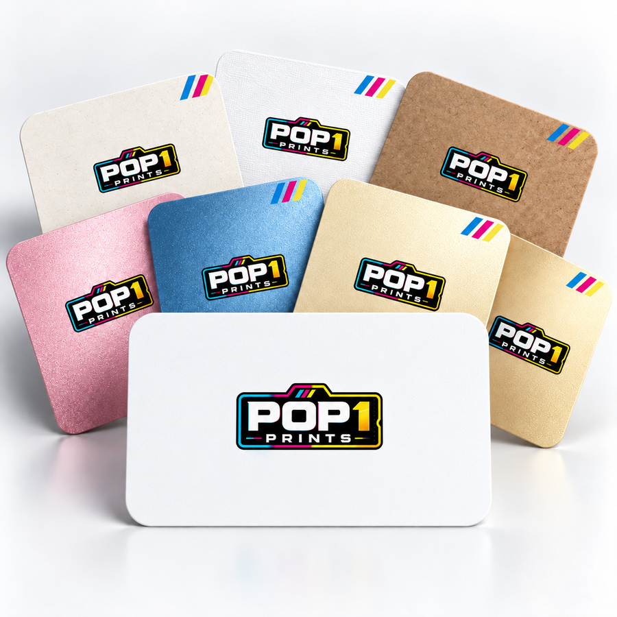 Premium rounded-corner business cards in white, kraft, pink, blue and gold finishes with POP 1 Prints branding.