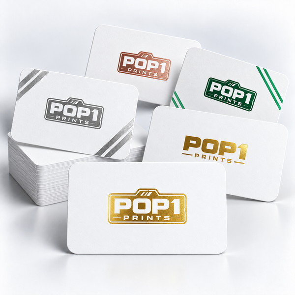 White rounded-corner business cards with gold, silver, rose-gold and green foil POP 1 Prints logos.