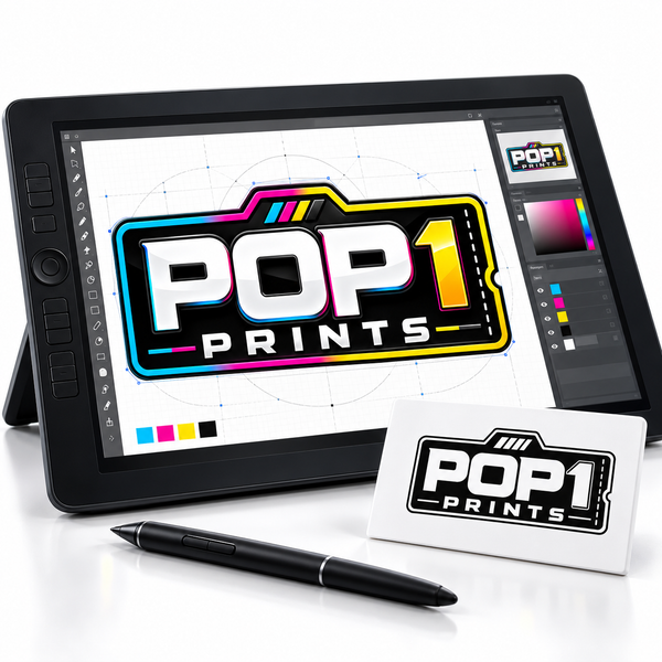 POP 1 Prints logo design on a drawing tablet beside a monochrome logo proof.