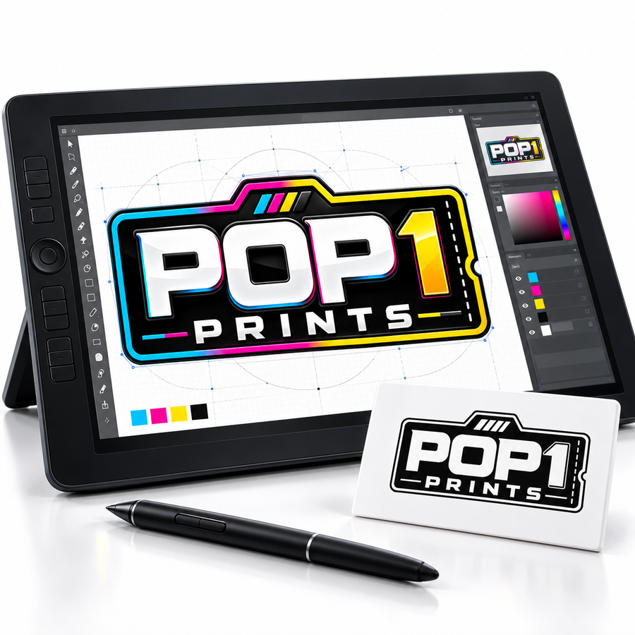 POP 1 Prints logo design on a drawing tablet beside a monochrome logo proof.
