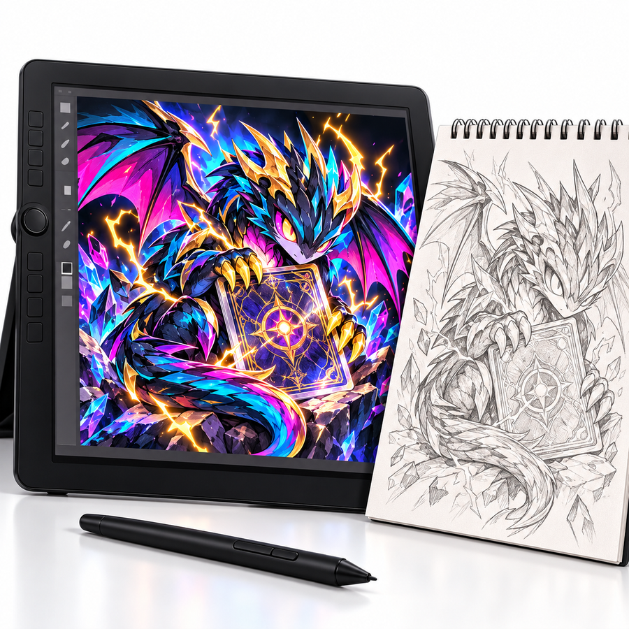 Colourful lightning dragon illustration on a drawing tablet beside its pencil sketch.