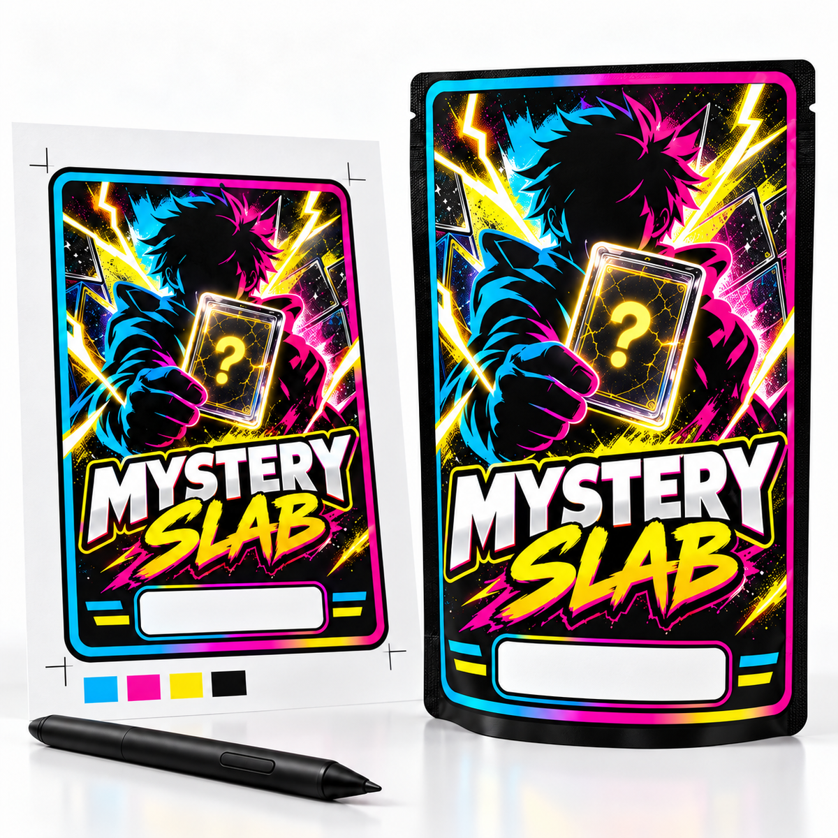 Mystery Slab label artwork beside a black Mylar bag with a full-face label.