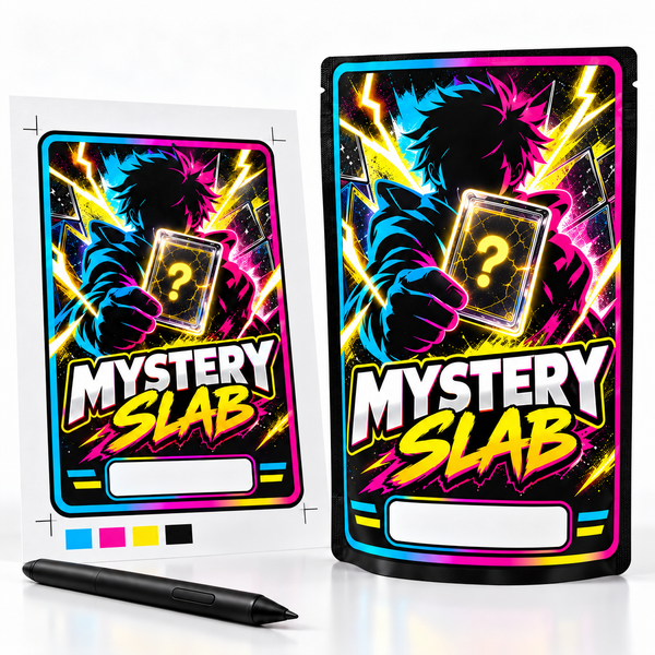 Mystery Slab label artwork beside a black Mylar bag with a full-face label.