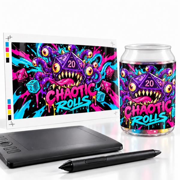 Chaotic Rolls dice soda container beside its wraparound label artwork and drawing tablet.