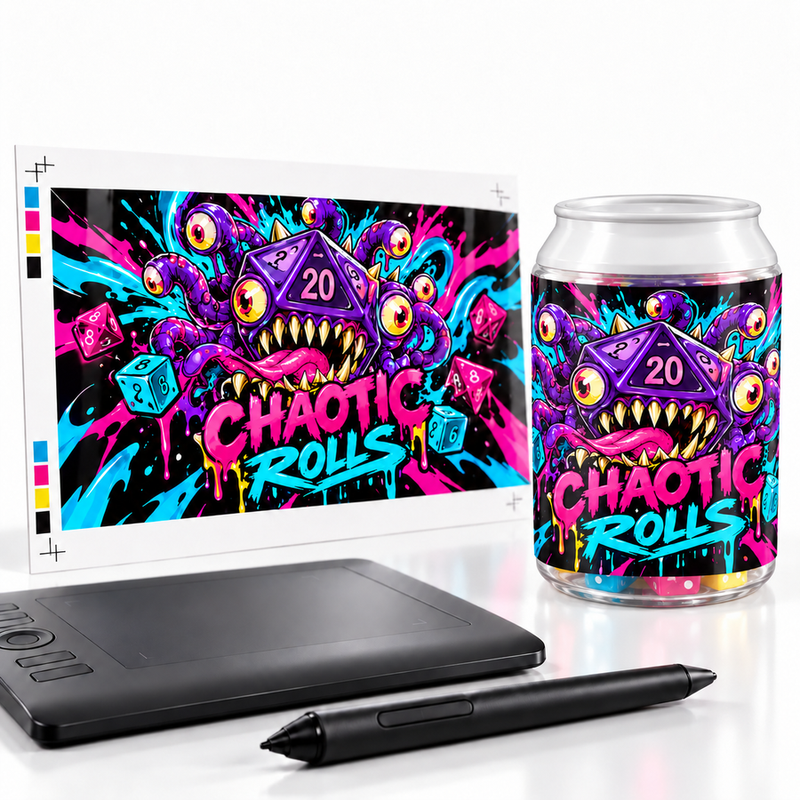 Chaotic Rolls dice soda container beside its wraparound label artwork and drawing tablet.