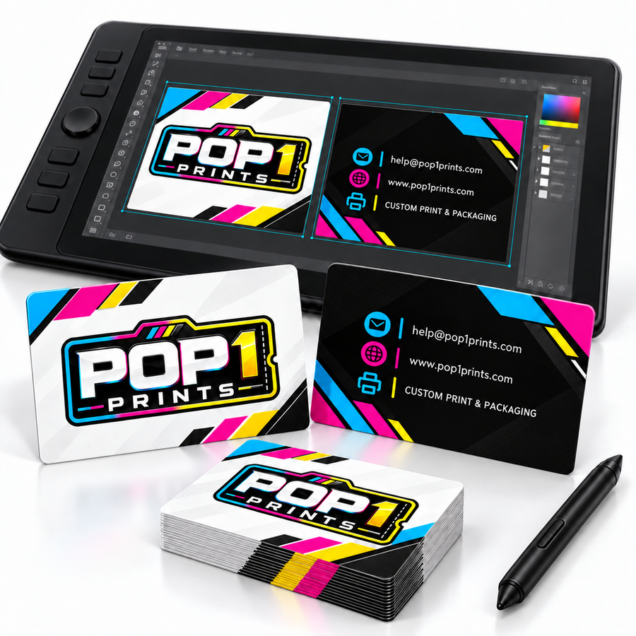 POP 1 Prints business card fronts and backs beside matching designs on a drawing tablet.