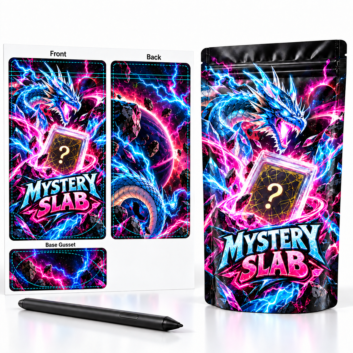 Dragon Mystery Slab bag beside front, back and base gusset artwork proofs.