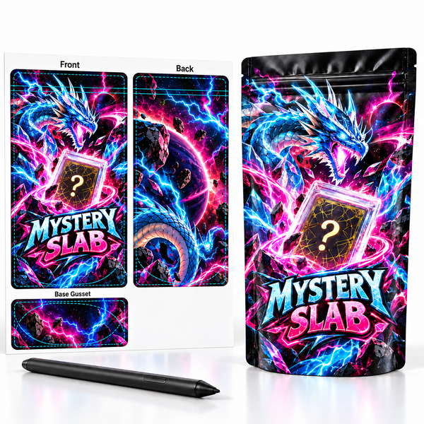 Dragon Mystery Slab bag beside front, back and base gusset artwork proofs.