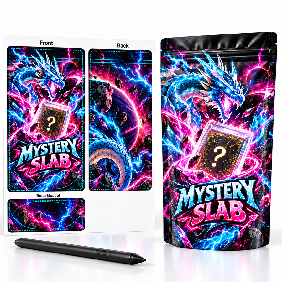 Dragon Mystery Slab bag beside front, back and base gusset artwork proofs.