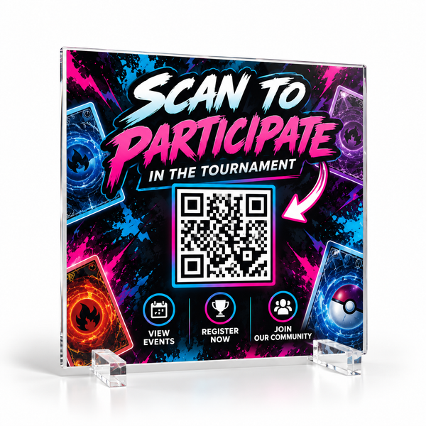 Personalised acrylic QR counter display for TCG shop tournament registration