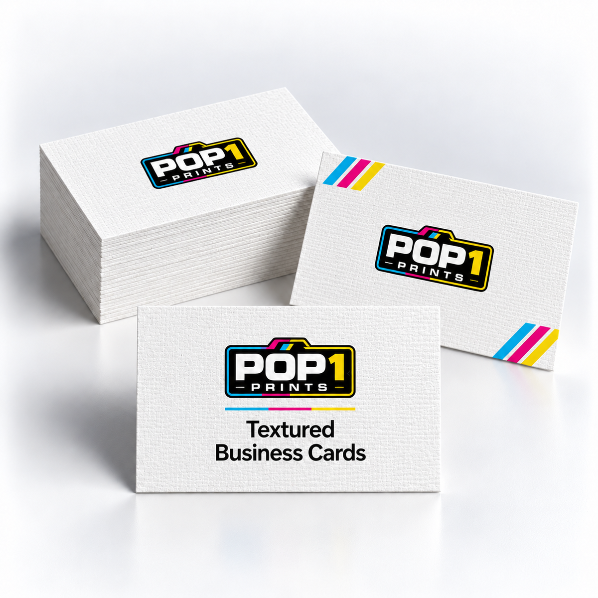 White textured business cards with POP 1 Prints branding, shown in a stack with upright front and back examples.