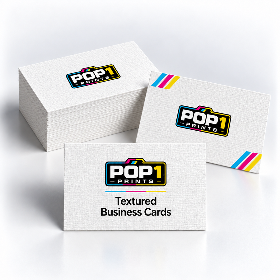 White textured business cards with POP 1 Prints branding, shown in a stack with upright front and back examples.