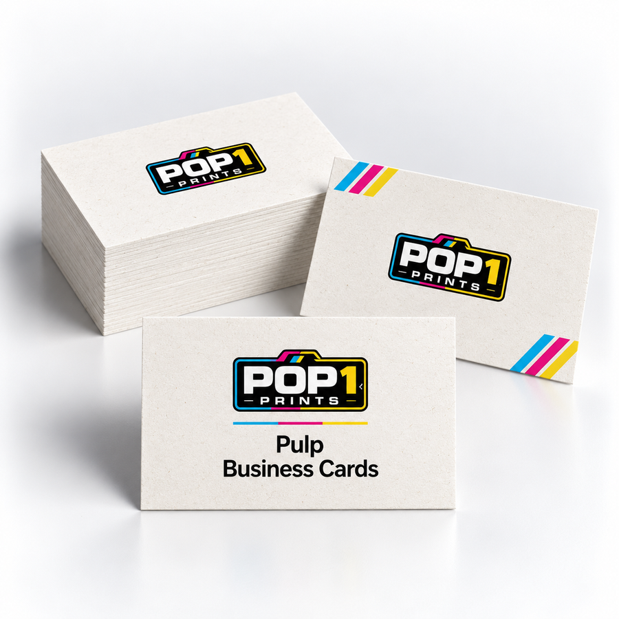 Cream pulp business cards with POP 1 Prints branding, shown upright beside a stack on a white background.