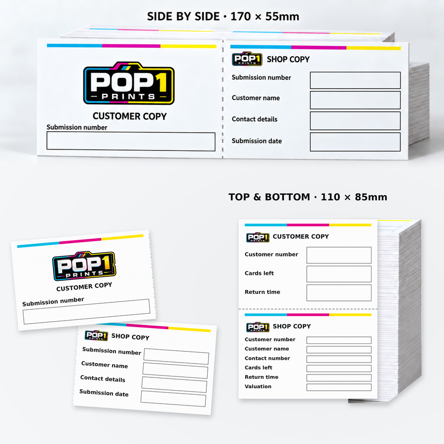 Perforated business card examples showing side-by-side submission receipts and top-and-bottom valuation forms.
