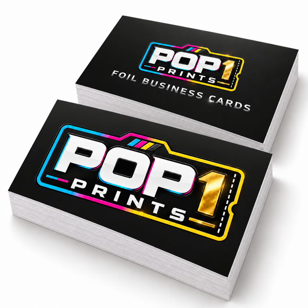Black foil business cards with reflective POP 1 Prints logos, displayed in two overlapping stacks.