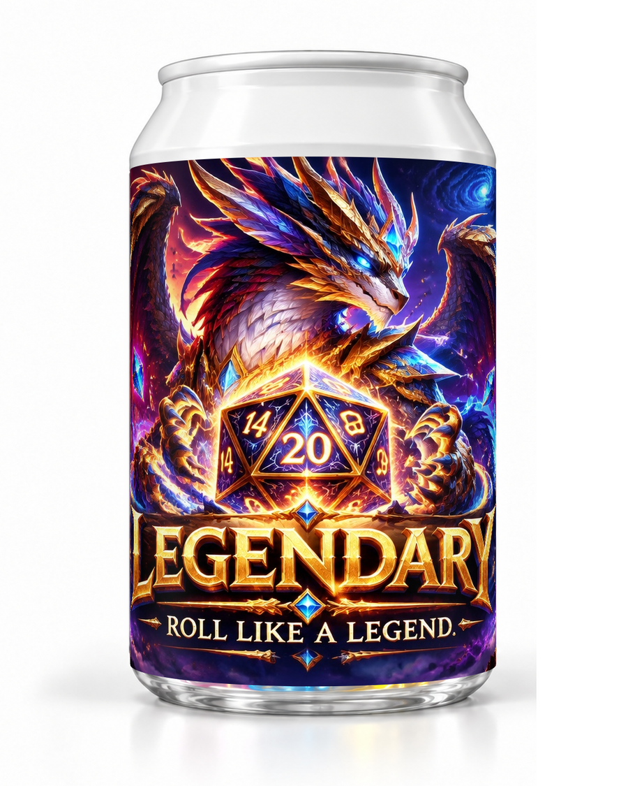 Legendary dice soda container with a colourful dragon and glowing twenty-sided die in purple-and-gold artwork.