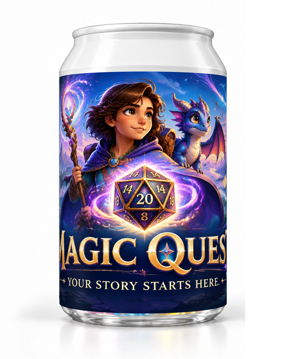 Magic Quest dice soda container with a young adventurer, dragon companion and glowing purple twenty-sided die.