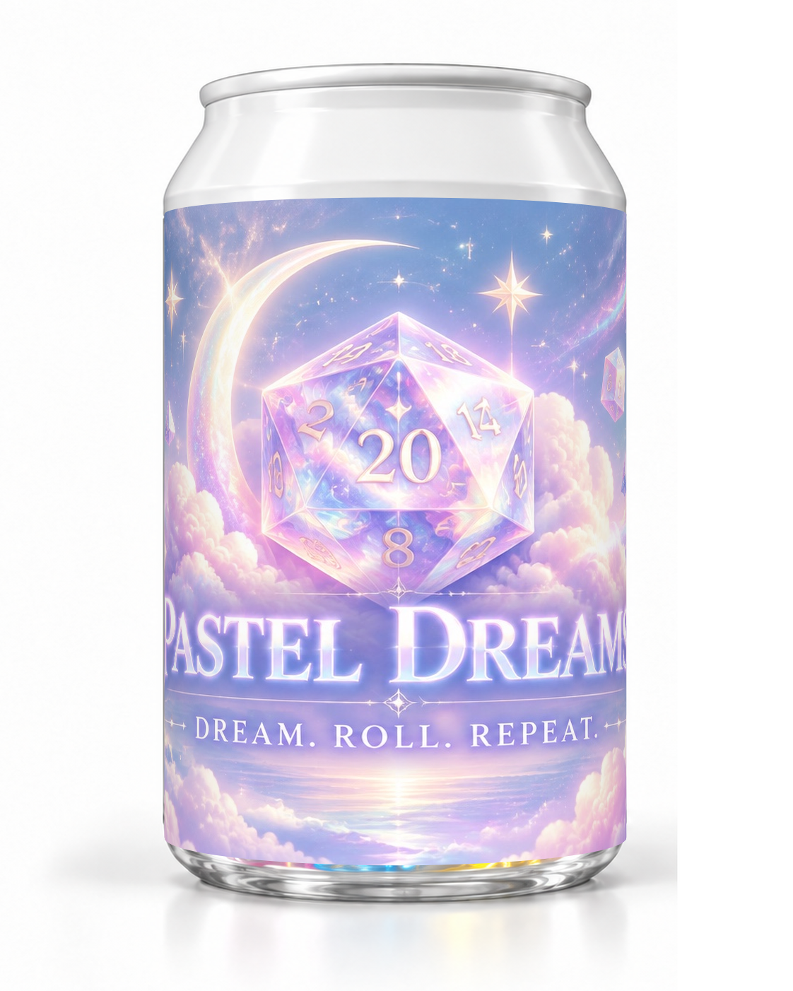 Pastel Dreams dice soda container with a glowing twenty-sided die, crescent moon and pastel purple clouds.