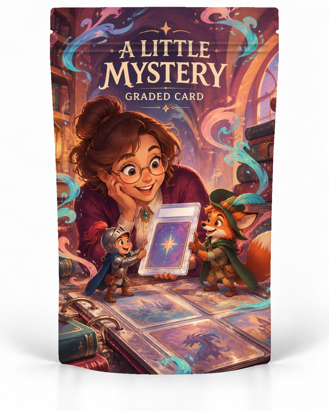 A Little Mystery direct-printed mystery slab bag mock-up featuring a warm magical library scene where a smiling collector, tiny knight and fox-like adventurer gather around a glowing mystery graded card