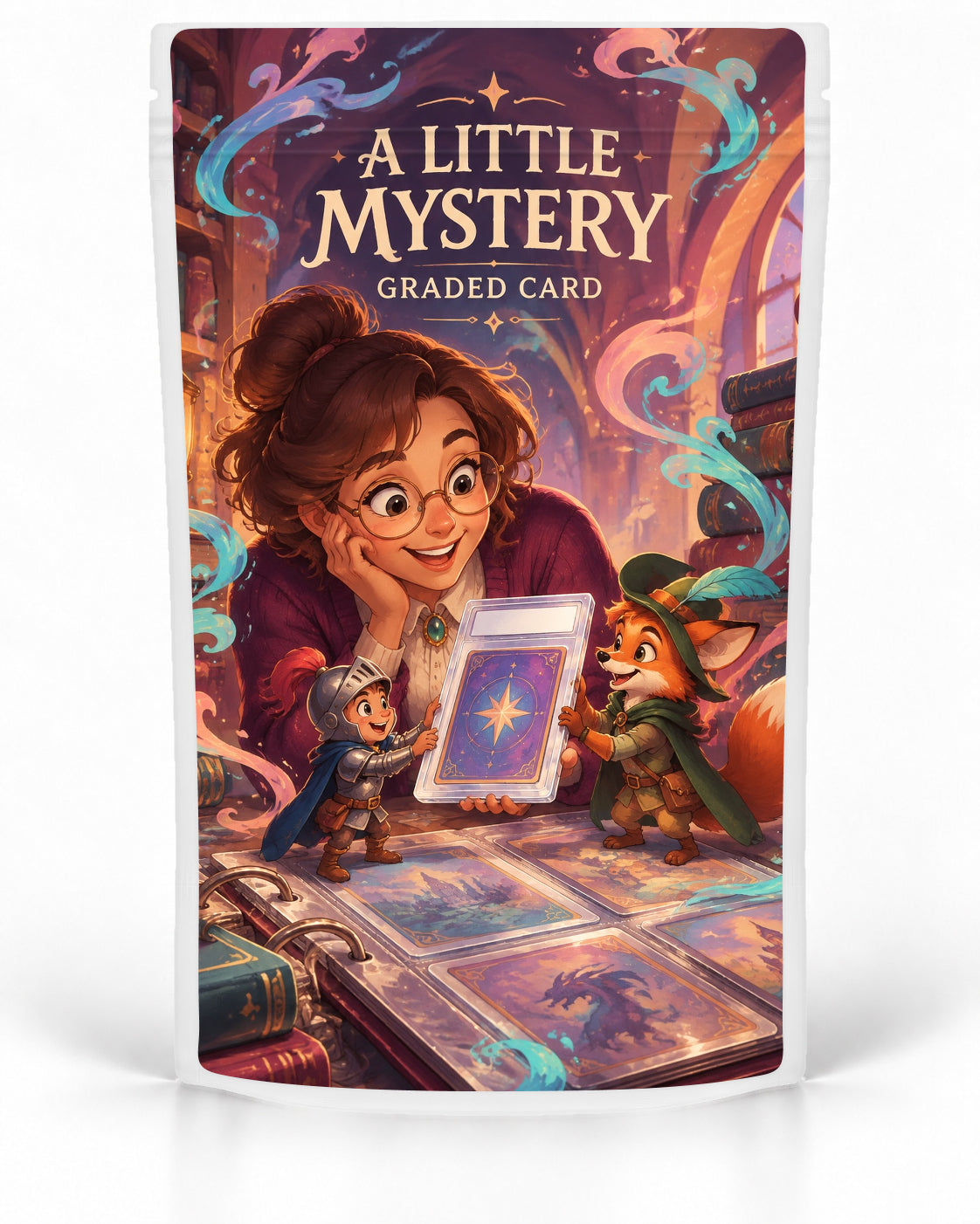 A Little Mystery mystery slab bag mock-up on a white pouch, featuring a warm magical library scene where a smiling collector, tiny knight and fox-like adventurer gather around a glowing mystery graded card