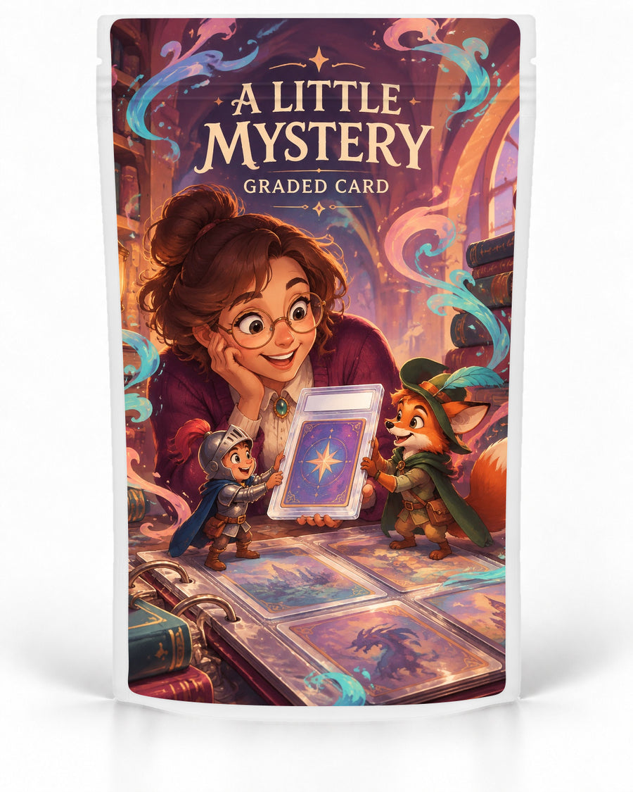 A Little Mystery mystery slab bag mock-up on a white pouch, featuring a warm magical library scene where a smiling collector, tiny knight and fox-like adventurer gather around a glowing mystery graded card