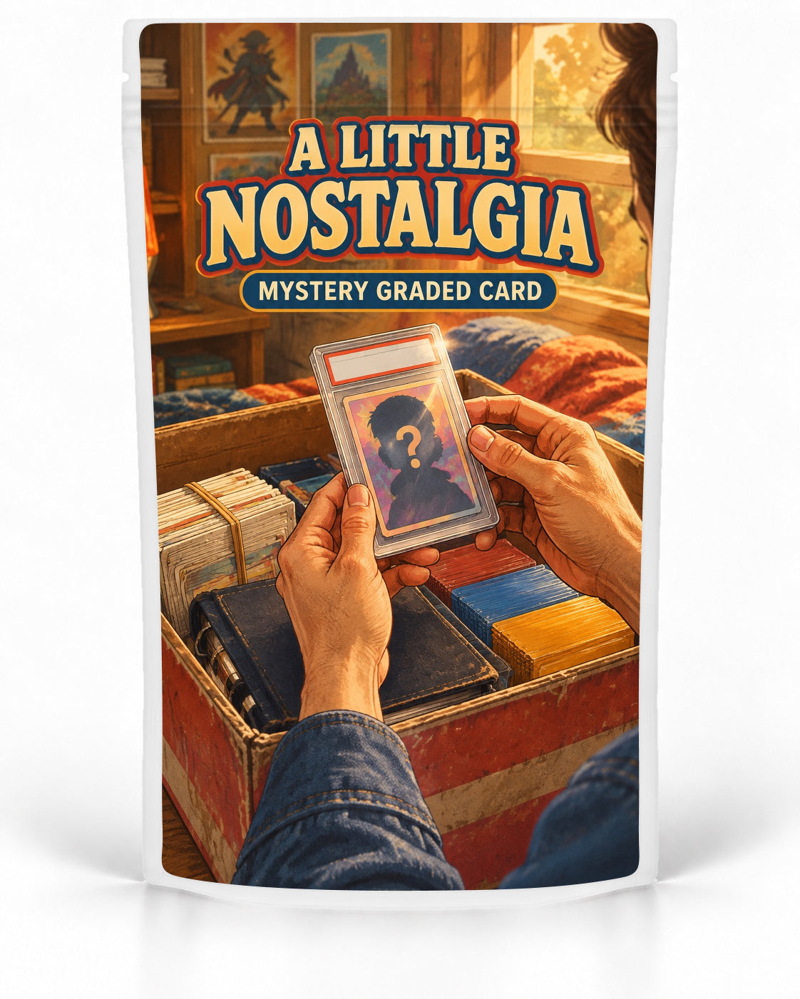 A Little Nostalgia mystery slab bag mock-up on a white pouch, featuring hands lifting a mystery graded card from a well-loved storage box filled with old cards and binders in a warm, sunlit collector bedroom