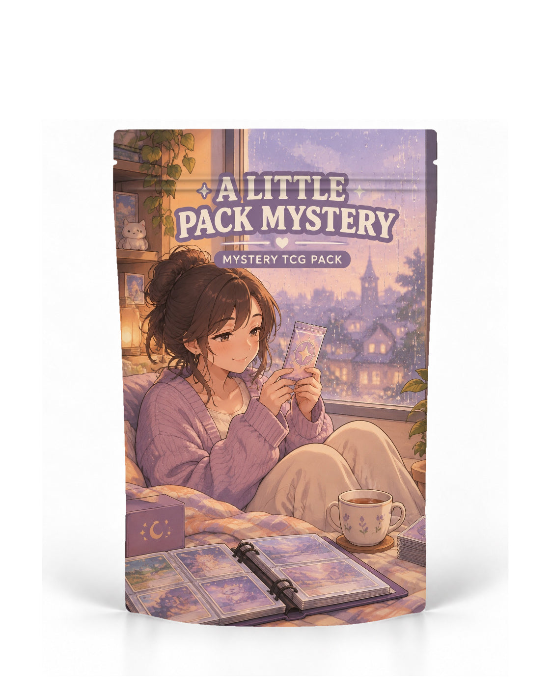 A Little Pack Mystery direct-printed mystery TCG pack bag mock-up featuring a cosy rainy-day collector scene with a woman in soft lavender holding a pastel mystery pack beside a binder, warm drink and window view