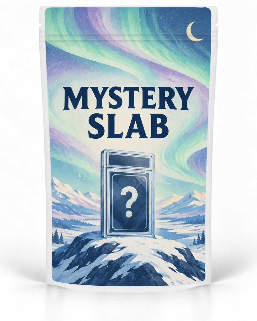 Aurora Mountains labelled Mystery Slab bag for TCG graded-card packaging