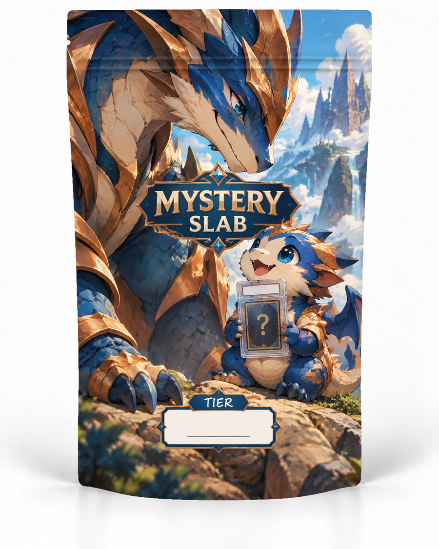 Blue Gold Dragon direct-printed mystery slab bag mock-up featuring a huge blue-and-gold dragon watching over a cheerful baby dragon holding a mystery slab against a bright mountain-and-castle landscape