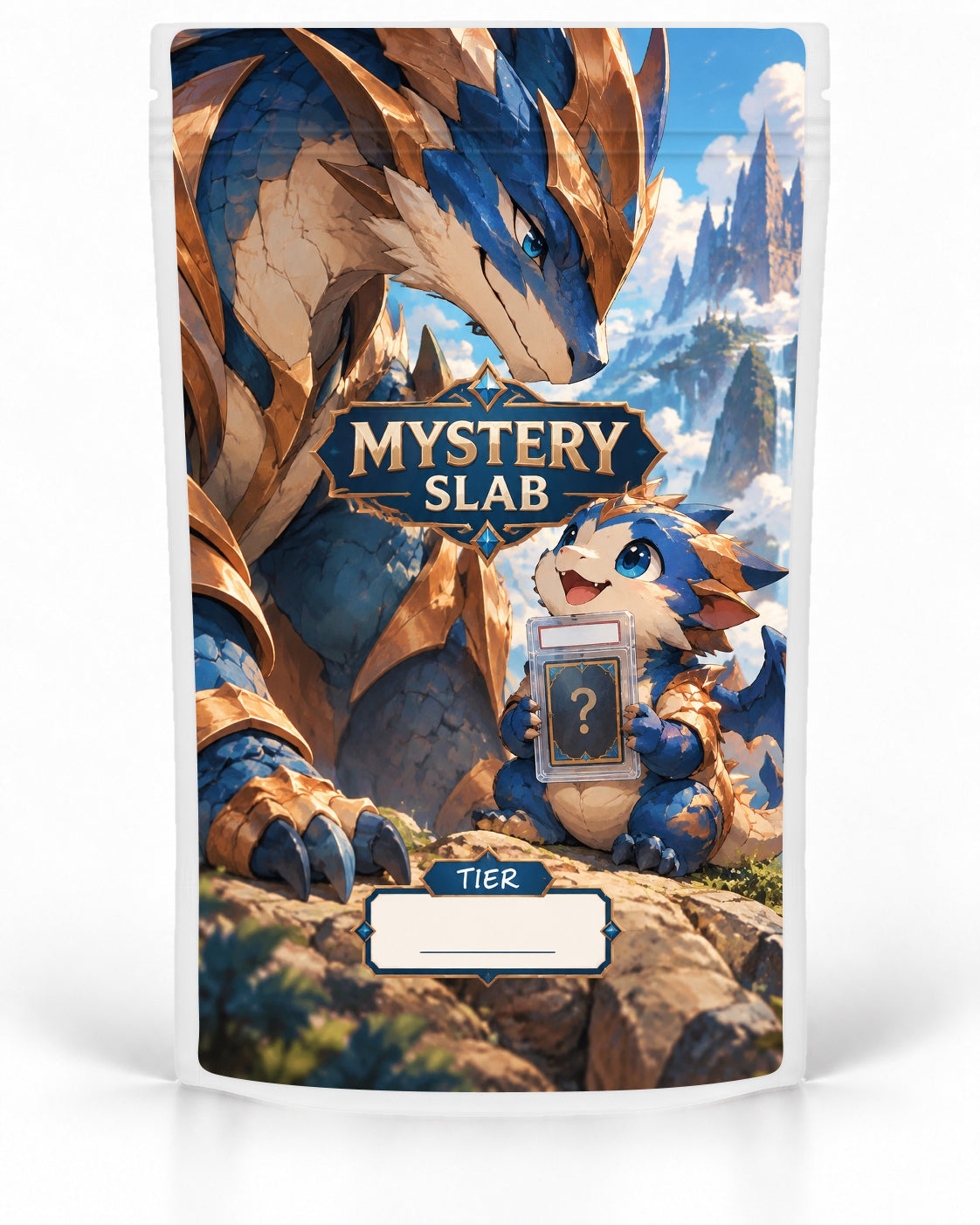 Blue Gold Dragon mystery slab bag mock-up on a white pouch, featuring a huge blue-and-gold dragon watching over a cheerful baby dragon holding a mystery slab against a bright mountain-and-castle landscape
