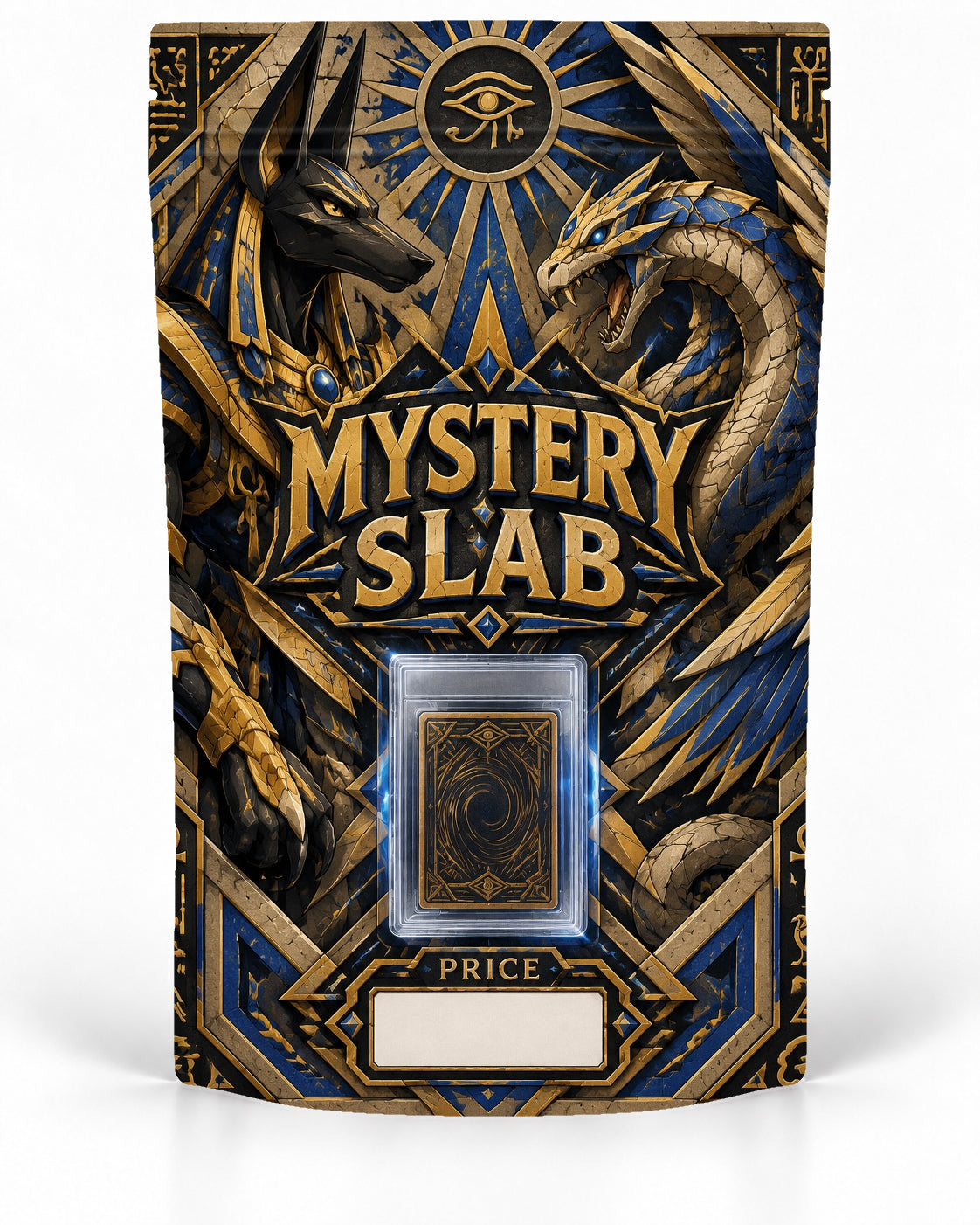 Blue Gold Guardians direct-printed Mystery Slab bag for TCG graded-card packaging