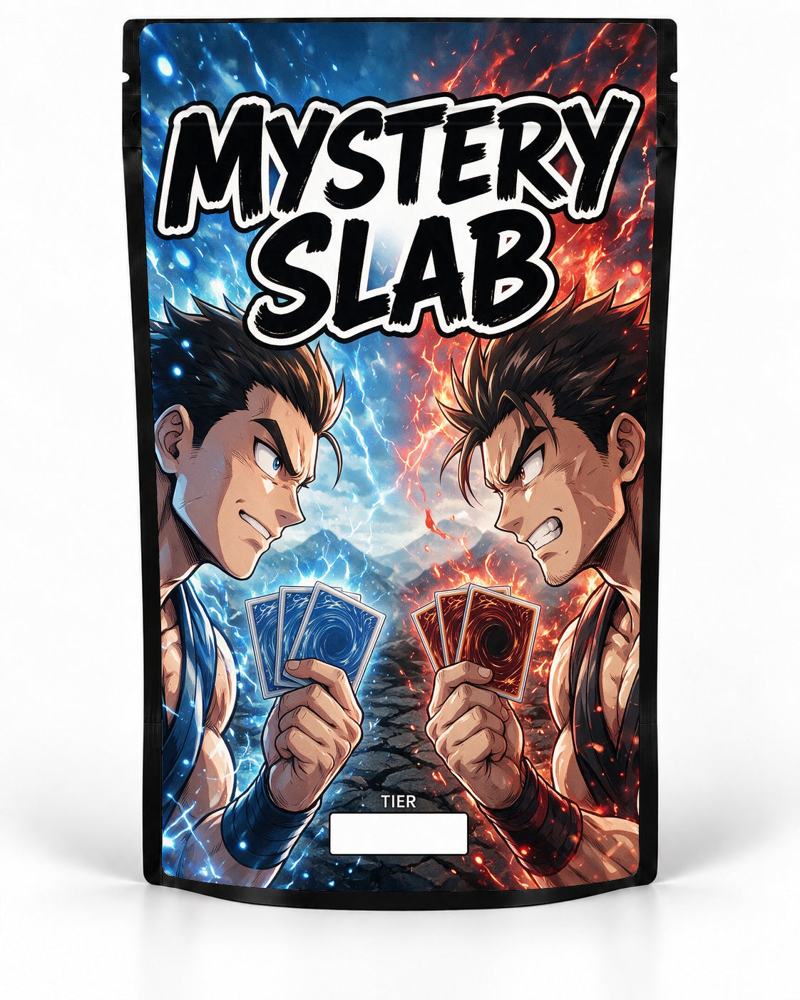 Blue Red Rivals labelled Mystery Slab bag for TCG graded-card packaging