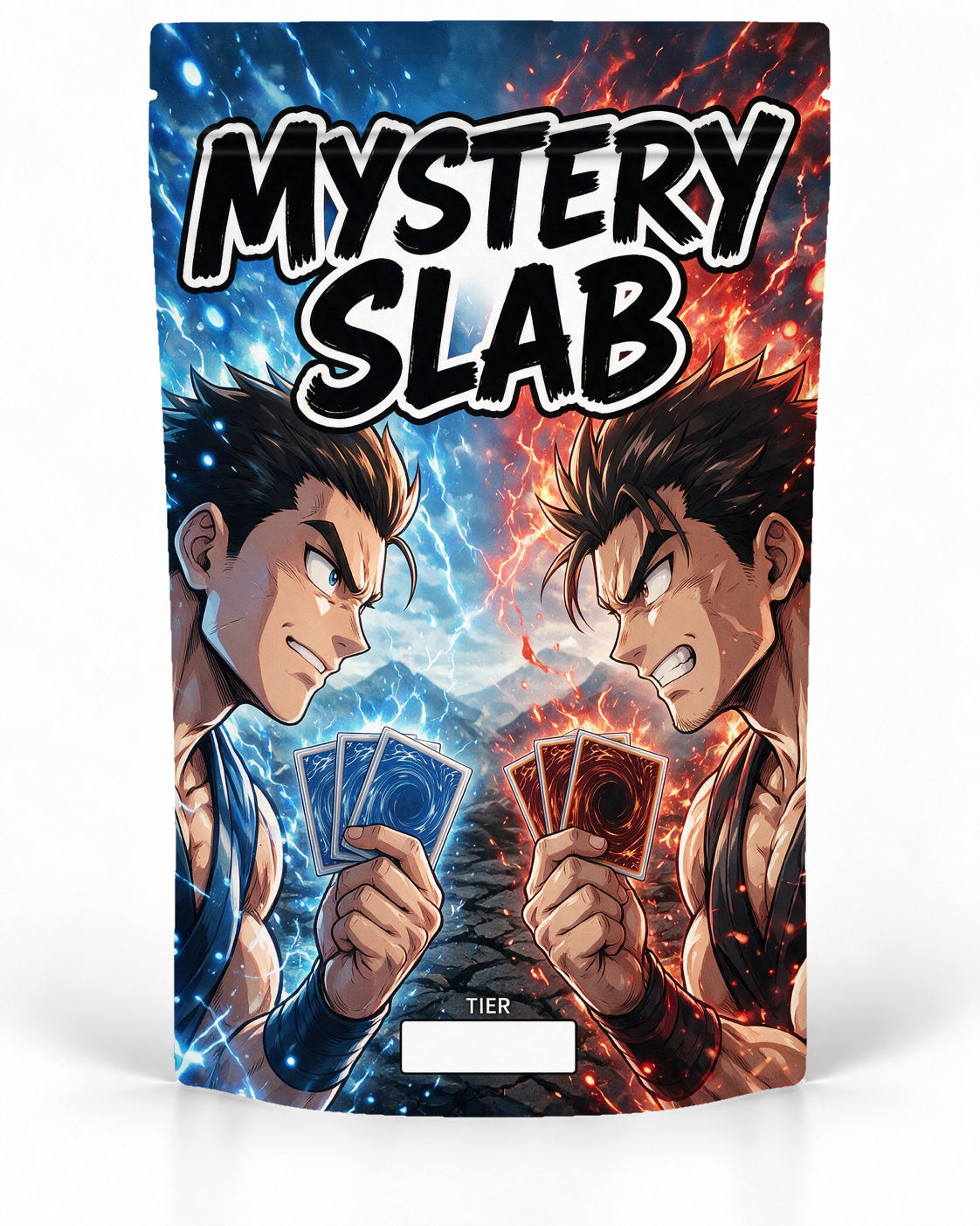 Blue Red Rivals direct-printed Mystery Slab bag for TCG graded-card packaging
