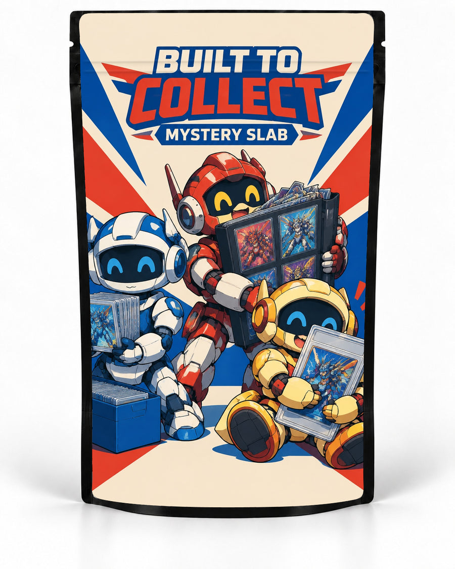 Built to Collect mystery slab bag on a black pouch, with red, blue and yellow toy robots holding cards against a cream sunburst.